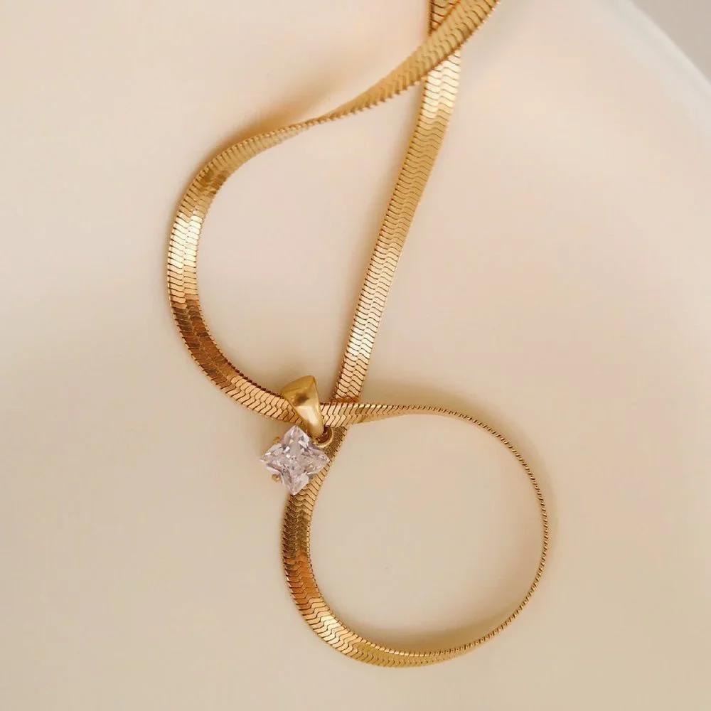 #NEW 18K Gold Plated 2CT Princess Cut Diamond Flat Herringbone Necklace